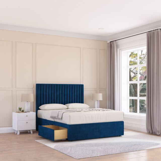 Sloomy Manhattan Plush Velvet Memory Foam Bed Set With 2 Drawers, Mattress & Headboard in Navy - Size: Super King - image 1