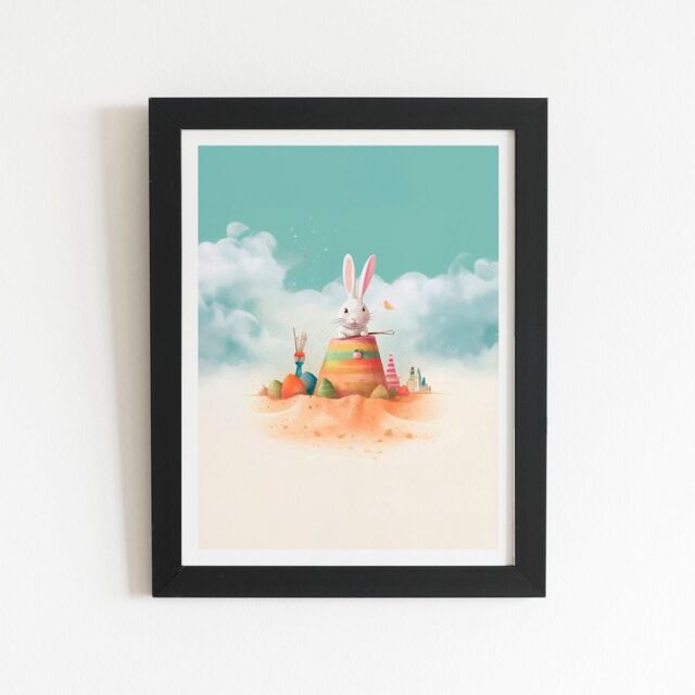 "Warren Reed - Designer White Rabbit On A Beach Holiday Framed Art Print in Black - Size: W16"" x H24""" - image 1