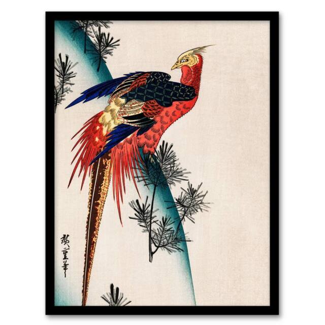 Artery8 Utagawa Hiroshige Framed Wall Art Print Pheasant & Small Pine in Red - Size: A4 - image 1