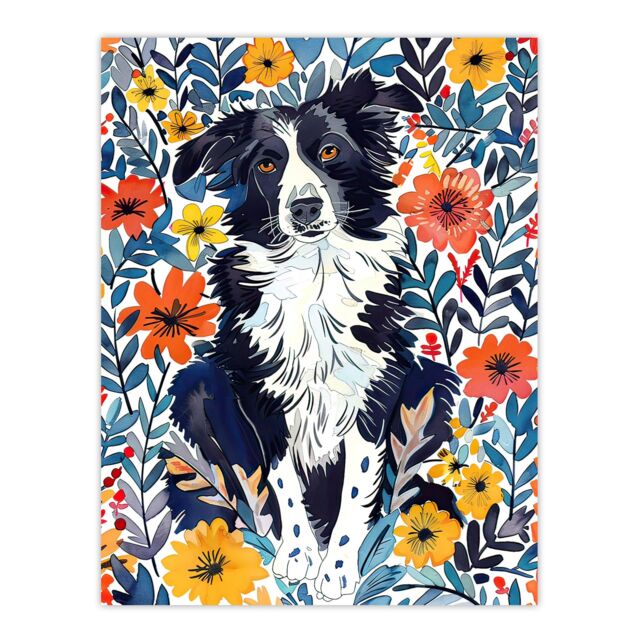 "Artery8 Border Collie Flower Field Dog Lover Watercolour Wall Art Print - Size: W18"" x H24""" - image 1