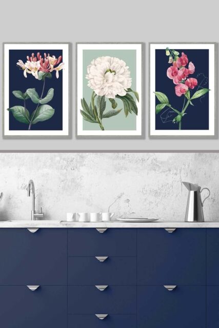 ARTZE Set of 3 Light Grey Framed Vintage Flowers Honeysuckle Blue & Green Wall Art in Navy - Size: W33 cm x H45 cm x D20mm - image 1