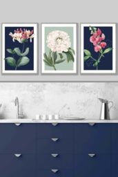 ARTZE Set of 3 Light Grey Framed Vintage Flowers Honeysuckle Blue & Green Wall Art in Navy - Size: W33 cm x H45 cm x D20mm - thumbnail 1