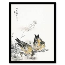 Artery8 Greenfinch & Shepherd's Purse Plant Vintage Framed Wall Art Print Kashu - Size: A4 - thumbnail 1