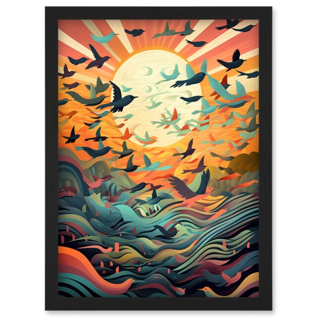 Artery8 Flock of Birds Flying at Sunrise Modern Folk Art Artwork Framed Wall Art Print A4 in Black - image 1