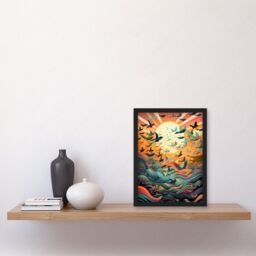 Artery8 Flock of Birds Flying at Sunrise Modern Folk Art Artwork Framed Wall Art Print A4 in Black - thumbnail 2