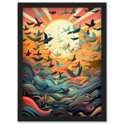Artery8 Flock of Birds Flying at Sunrise Modern Folk Art Artwork Framed Wall Art Print A4 in Black - thumbnail 1