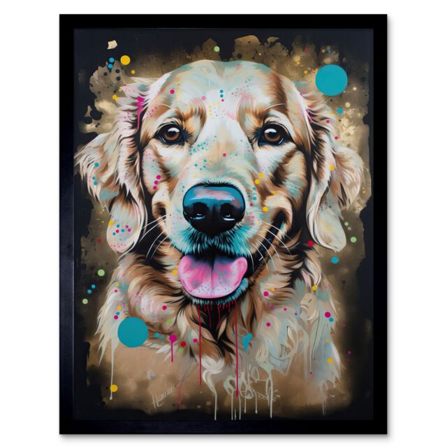 "Artery8 Wall Art Print Happy Smiling Golden Retriever Dog Portrait Art Framed in Black - Size: W12"" x H16""" - image 1
