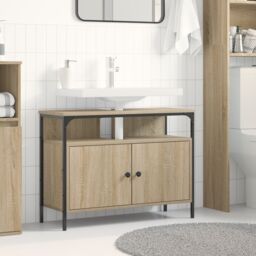 Berkfield Home Bathroom Sink Cabinet Sonoma Oak 80x30x60 cm Engineered Wood in Brown - Size: 80 x 30 x 60 cm - thumbnail 1