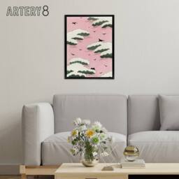 "Artery8 Pink Sky With Clouds & Birds Framed Canvas Wall Art Print Bijutsukai - Size: W12"" x H16""" - thumbnail 3