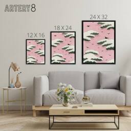 "Artery8 Pink Sky With Clouds & Birds Framed Canvas Wall Art Print Bijutsukai - Size: W12"" x H16""" - thumbnail 4