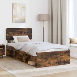Berkfield Home Bed Frame with Headboard Smoked Oak 90 x 190 cm Solid Pine Wood in Brown - thumbnail 3