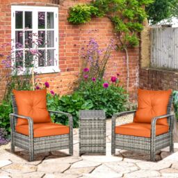 OUTSUNNY 3 PCs PE Rattan Garden Sofa Set w/ 2 Chairs & Storage Table in Orange - thumbnail 1