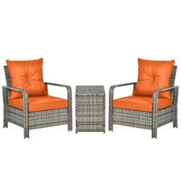 OUTSUNNY 3 PCs PE Rattan Garden Sofa Set w/ 2 Chairs & Storage Table in Orange - thumbnail 2