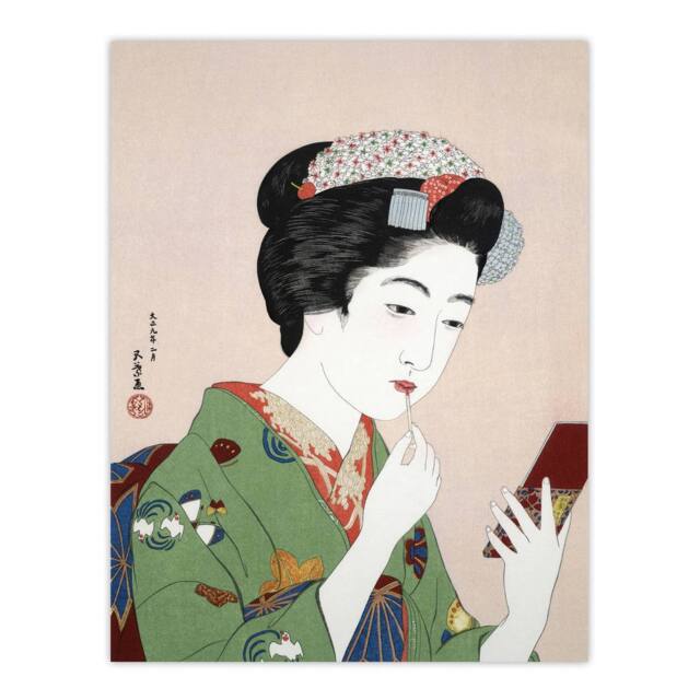 "Artery8 Woman Applying Rouge Lipstick Vintage Wall Art Print Hashiguchi in Green - Size: W24"" x H32""" - image 1
