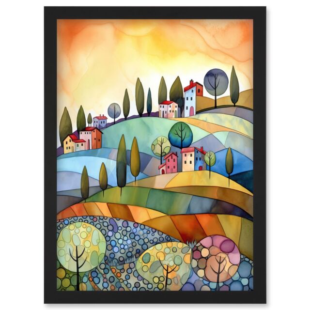 Artery8 Italian Countryside Midsummer Landscape Folk Art Artwork Framed Wall Art Print A4 in Black - image 1