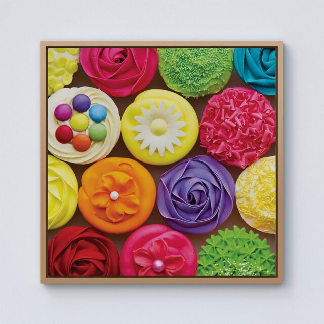 Warren Reed - Designer Bright Colourful Cupcakes Framed Canvas in Light Brown - Size: w40 inch x h40 inch - image 1