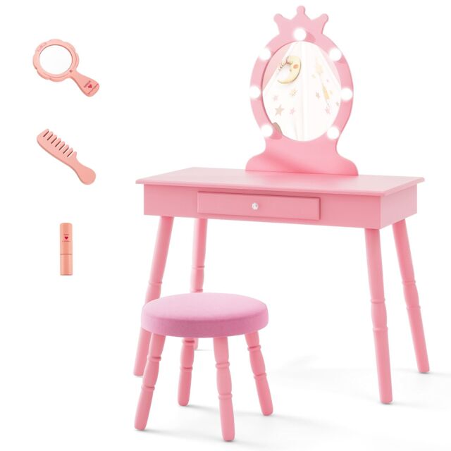 Gymax Kids Vanity Table Set With Stool Dressing Table With Light & Drawer in Pink - image 1