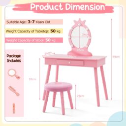 Gymax Kids Vanity Table Set With Stool Dressing Table With Light & Drawer in Pink - thumbnail 4