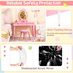Gymax Kids Vanity Table Set With Stool Dressing Table With Light & Drawer in Pink - thumbnail 6
