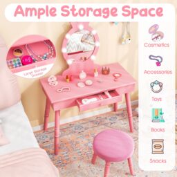 Gymax Kids Vanity Table Set With Stool Dressing Table With Light & Drawer in Pink - thumbnail 5