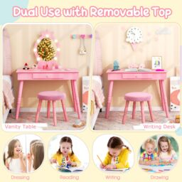 Gymax Kids Vanity Table Set With Stool Dressing Table With Light & Drawer in Pink - thumbnail 2