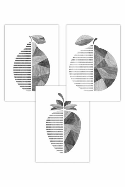 ARTZE Set of 3 Geometric Grey Wood Grain Effect Fruit Art Posters - Size: W42 cm x H59 cm - image 1
