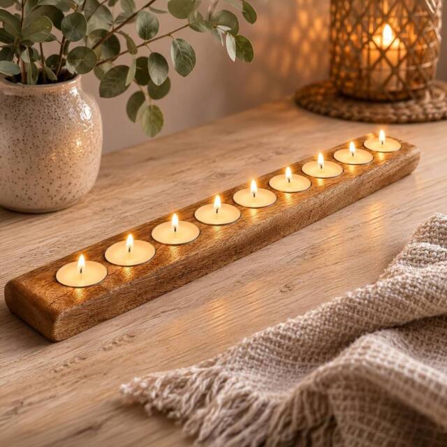 Marco Paul Mango Wood 9 Tealight Candle Holder With Tealights in Brown - Size: 1 Pack - image 1