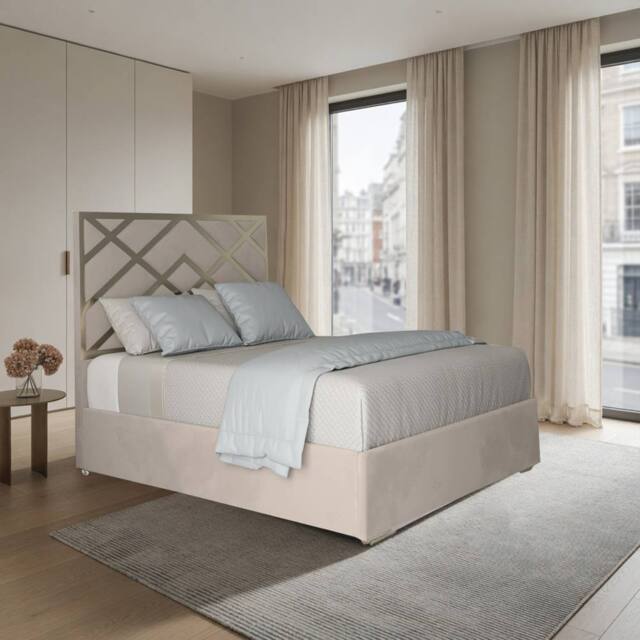 Casani Malton Upholstered Soft Velvet Beige Metal Designer Bed Frame in Cream - Size: Single - image 1