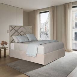 Casani Malton Upholstered Soft Velvet Beige Metal Designer Bed Frame in Cream - Size: Single - thumbnail 1