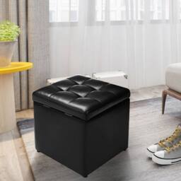 VOGREX 40cm Faux Leather Storage Ottoman Stool in Black - thumbnail 2