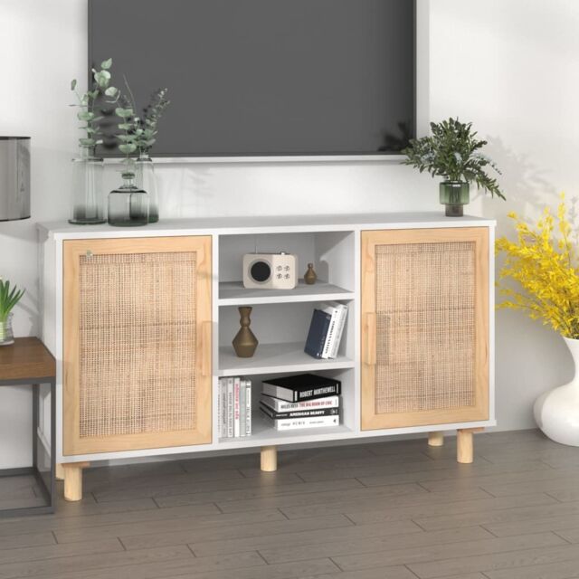 Berkfield Home Sideboard White 105x30x60 cm Solid Wood Pine & Natural Rattan - Size: 105 x 30 x 60 cm - image 1