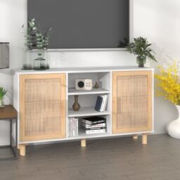 Berkfield Home Sideboard White 105x30x60 cm Solid Wood Pine & Natural Rattan - Size: 105 x 30 x 60 cm - thumbnail 1