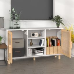 Berkfield Home Sideboard White 105x30x60 cm Solid Wood Pine & Natural Rattan - Size: 105 x 30 x 60 cm - thumbnail 3
