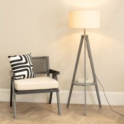 ValueLights Morrigan Grey Wood Tripod Floor Lamp with Linen White Trim Drum Shade in Natural - thumbnail 2