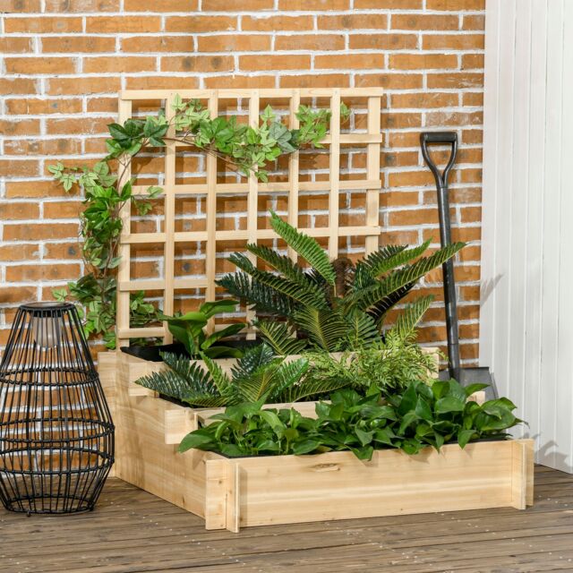 OUTSUNNY 3 Tier Wooden Garden Planters with Trellis for Vine Climbing Plants in Natural - image 1