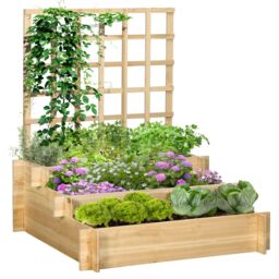 OUTSUNNY 3 Tier Wooden Garden Planters with Trellis for Vine Climbing Plants in Natural - thumbnail 2