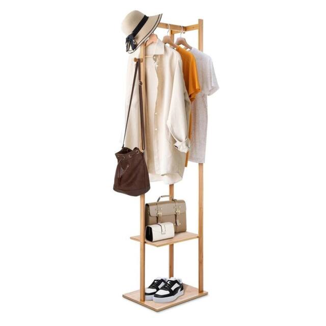 VOGREX Bamboo Coat Stand with 2 Shelves Pants Bar & 3 Hooks in Beige - image 1