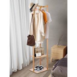 VOGREX Bamboo Coat Stand with 2 Shelves Pants Bar & 3 Hooks in Beige - thumbnail 3