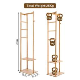 VOGREX Bamboo Coat Stand with 2 Shelves Pants Bar & 3 Hooks in Beige - thumbnail 2