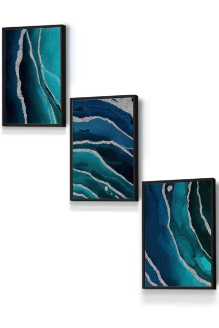 ARTZE Abstract Teal Blue Silver Strokes Framed Wall Art - Small in Black - Size: W33 cm x H45 cm x D20mm - image 1