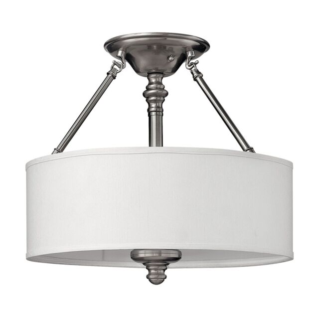Loops 3 Bulb Semi Flush Light Clear Glass Stem White Fabric Shade Nickel LED E27 60W in Metallics