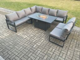 Fimous Aluminium 9 Seater Lounge Corner Sofa Outdoor Garden Furniture Sets Gas Fire Pit Dining Table Set Dark Grey - thumbnail 1
