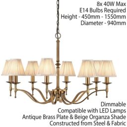 Loops Avery Ceiling Pendant Chandelier Light 8 Lamp Antique Brass & Beige Pleat Shade in Metallics - thumbnail 2
