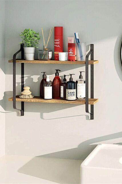 H&O Direct Industrial 2-Tier Home Decor Floating Wall Shelves in Brown - image 1