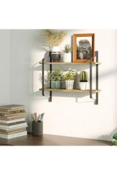 H&O Direct Industrial 2-Tier Home Decor Floating Wall Shelves in Brown - thumbnail 2