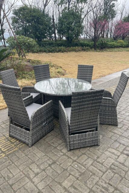 Fimous Outdoor Rattan Dining Sets Adjustable Chair Dining Table & Chair Sets 6 Seater Round Table in Dark Grey - image 1
