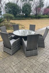 Fimous Outdoor Rattan Dining Sets Adjustable Chair Dining Table & Chair Sets 6 Seater Round Table in Dark Grey