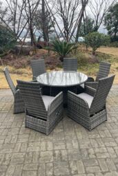 Fimous Outdoor Rattan Dining Sets Adjustable Chair Dining Table & Chair Sets 6 Seater Round Table in Dark Grey - thumbnail 3