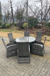 Fimous Outdoor Rattan Dining Sets Adjustable Chair Dining Table & Chair Sets 6 Seater Round Table in Dark Grey - thumbnail 6