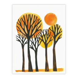 "Artery8 Sun Over Autumn Trees Bright Abstract Watercolour Wall Art Print in Orange - Size: W18"" x H24""" - thumbnail 1